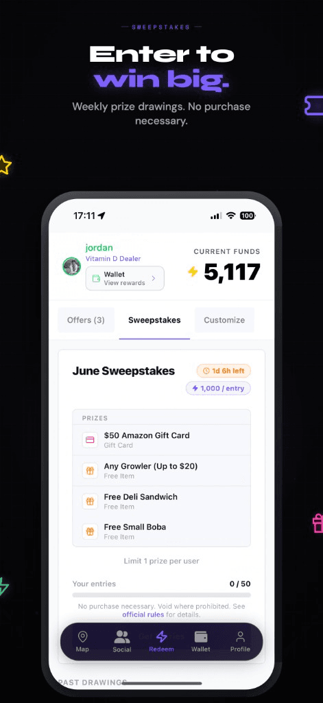 Enter to win big. Trouvé June Sweepstakes with Amazon gift card, growler, deli sandwich, and boba prizes