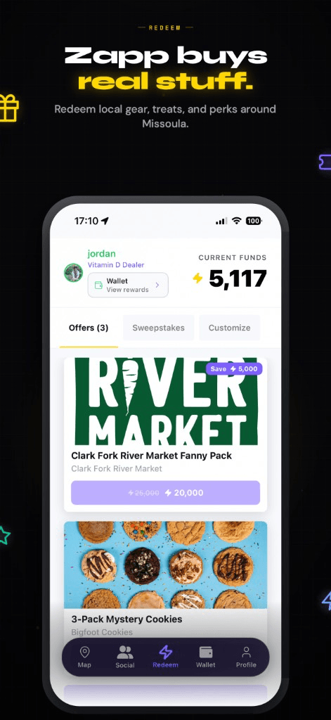 Zapp buys real stuff. Trouvé Redeem tab with local offers from Clark Fork River Market and Bigfoot Cookies